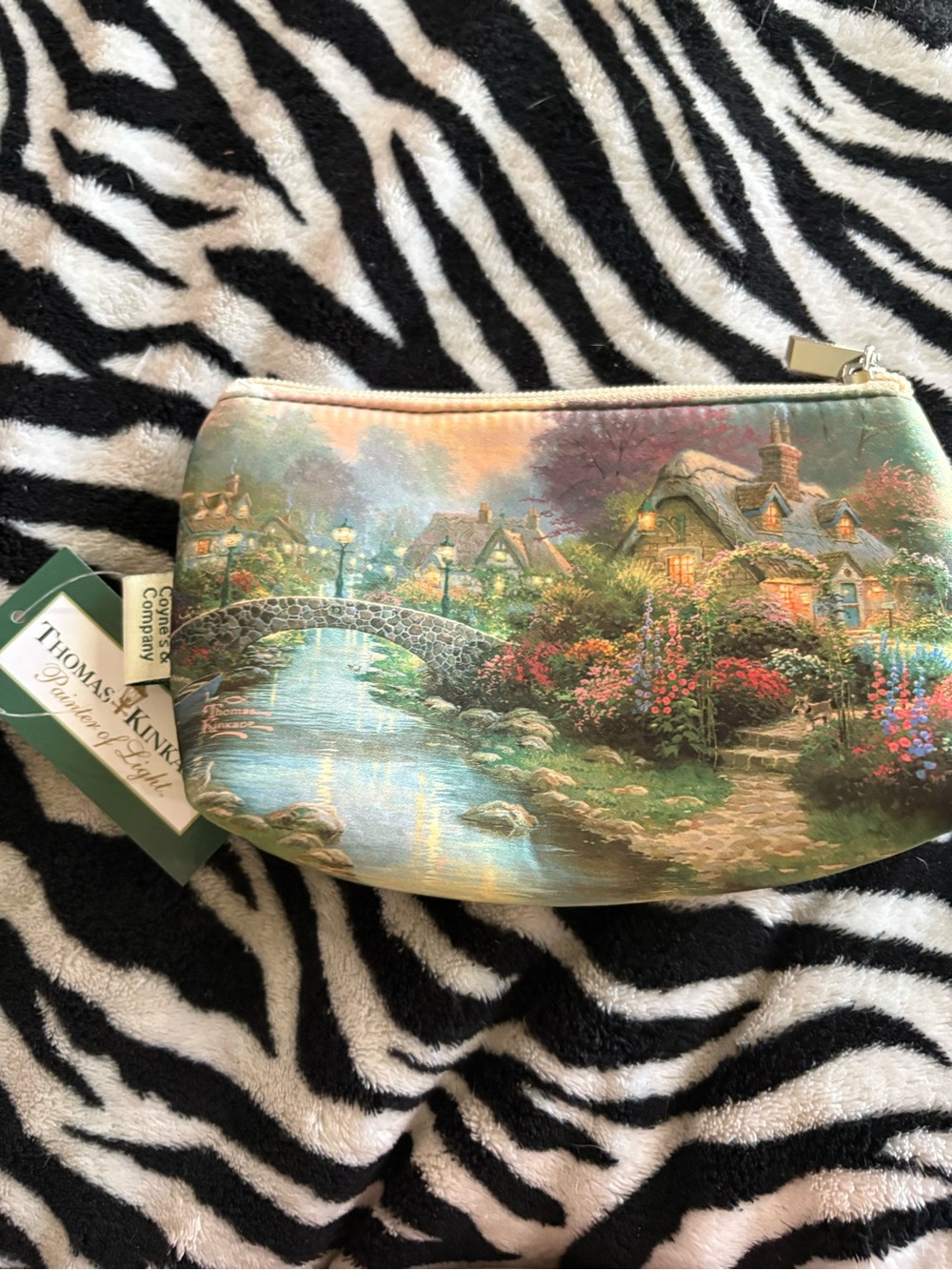 Thomas Kinkade Painted Cottage River Cosmetic Pouch in Pastel Green and Pink